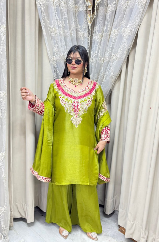 Beautiful Designer 3 Piece Suit for Women | Glass Shimmer Silk Party Wear Suit