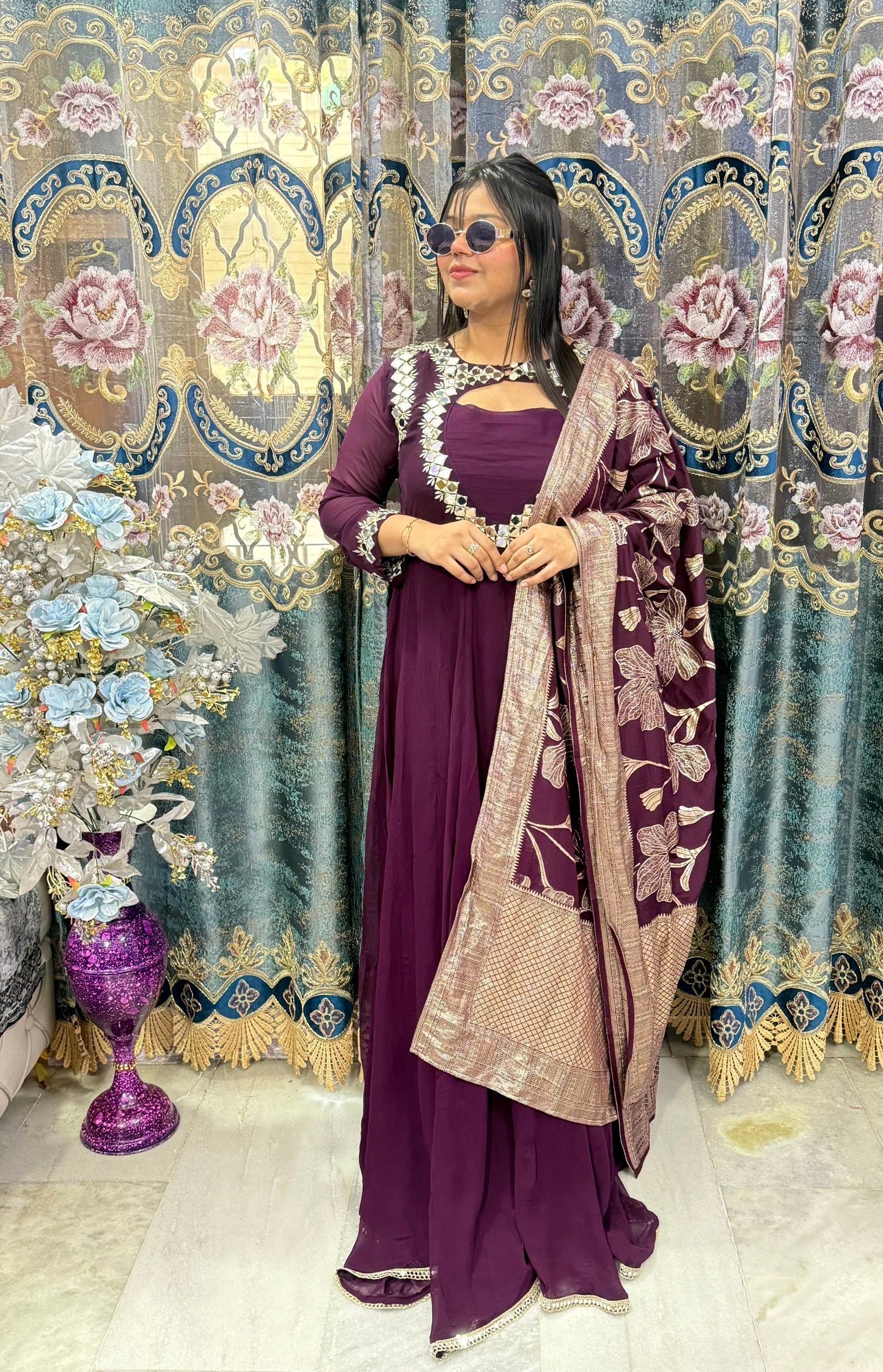 Designer Mirror Heart Anarkali With Banarshi Duppata