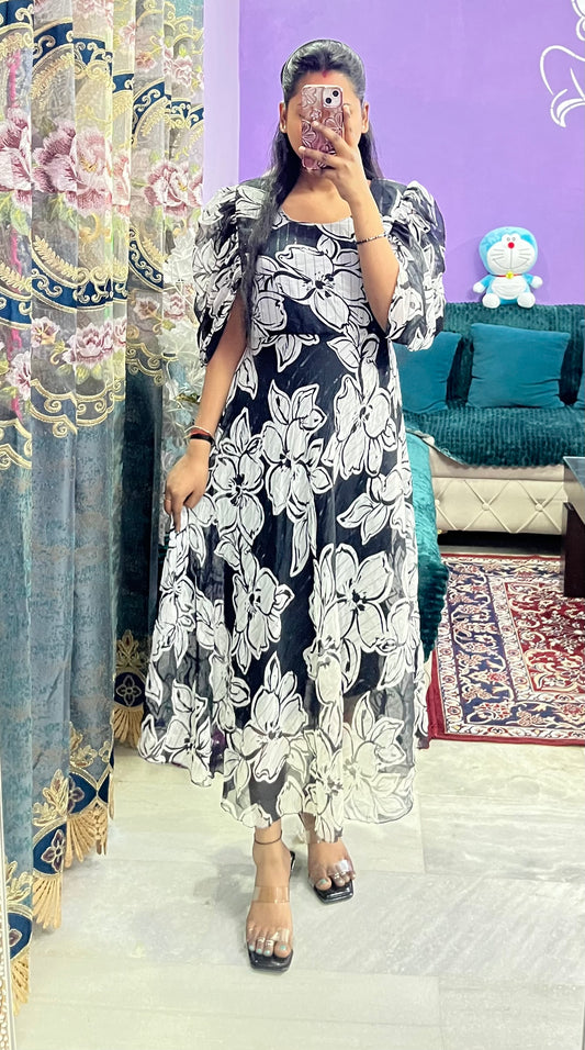 Princess Black Dress With White Flower Print