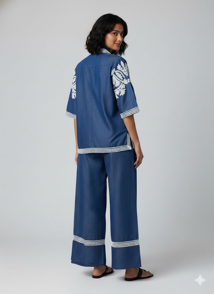 DENIM COORD SET WITH WHITE THREAD WORK