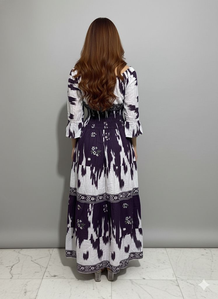 PURPLE PRINTED SMOKE DRESS