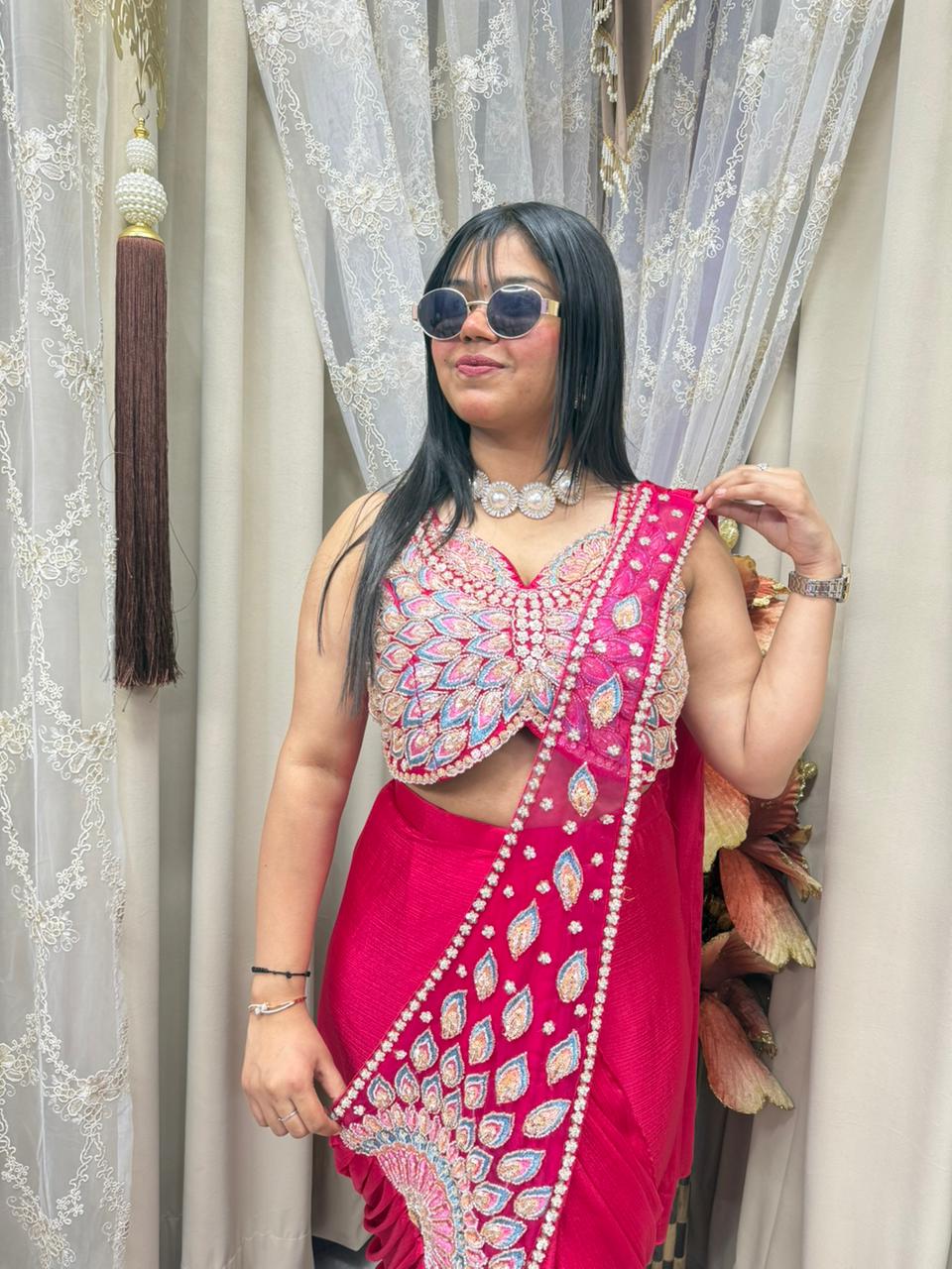 Designer Butterfly Ready-to-Wear Saree with Full Handwork – Chinon Silk