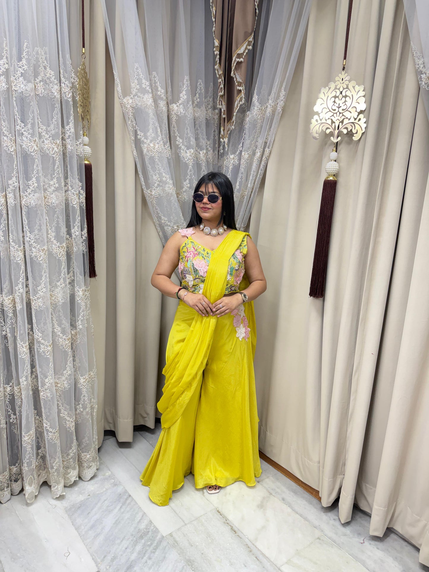 Designer Yellow Plazo Saree with Embroidered Blouse β Chinon Fabric