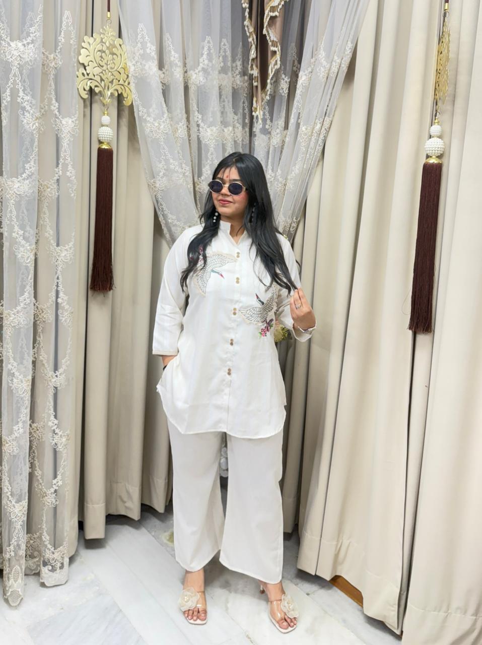 Elegant White Embroidered Pure Cotton Cordset for Women | Premium Co-ord Set