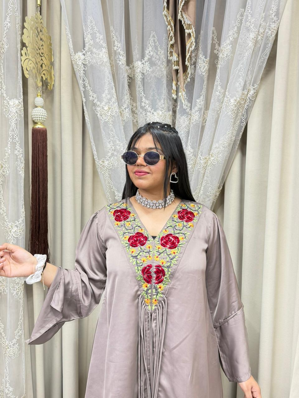 Designer Front Cut Satin Silk Co-Ord Set for Women | Premium Embroidered Cordset