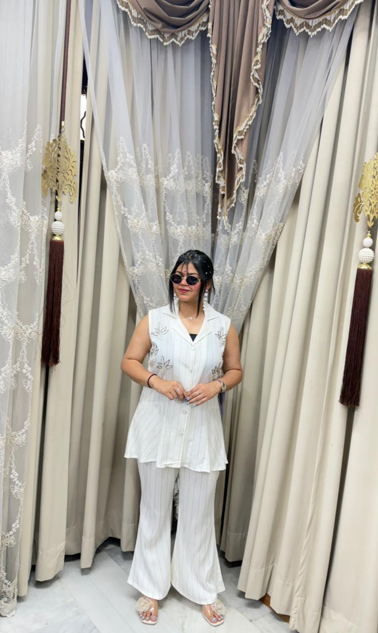 Premium Designer Embroidered Cordset for Women | Sleeveless Striped Co-Ord Set