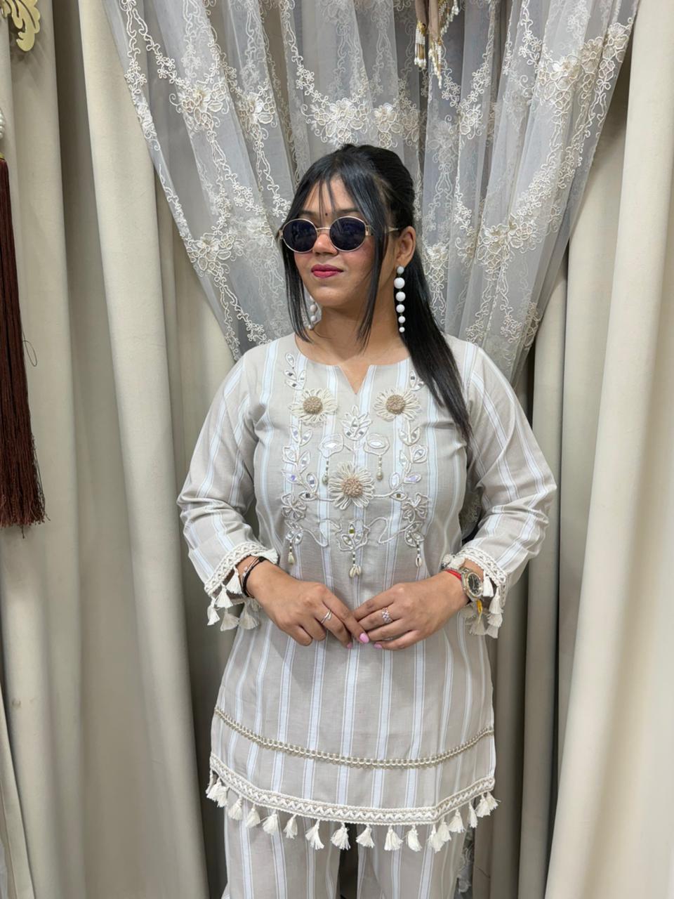 Premium Pure Cotton Striped Co-Ord Set with Sunflower Embroidery & Mirror Work