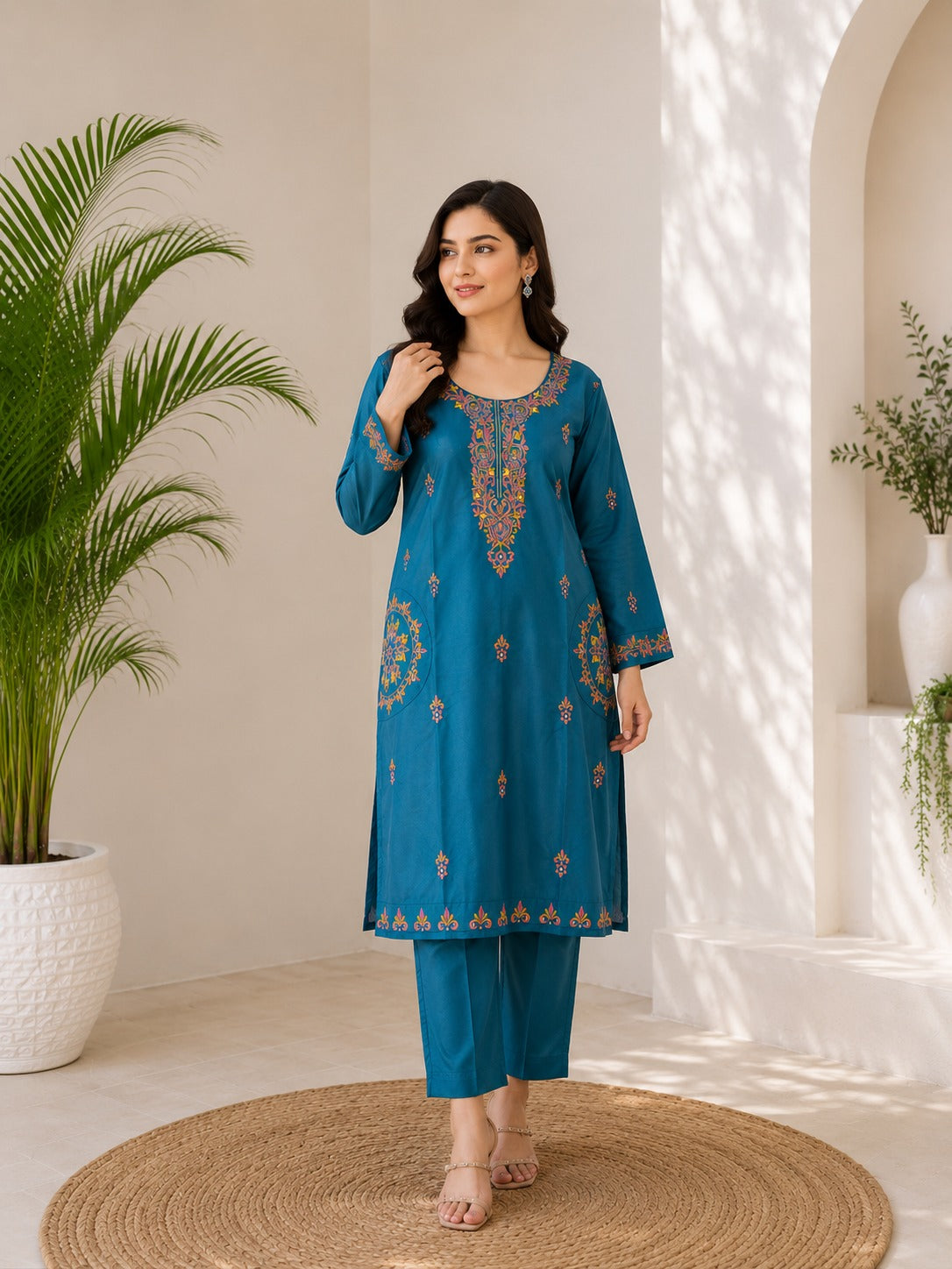 Premium Pure Cotton Kashmiri Embroidery Co-Ord Set with Designer Pockets