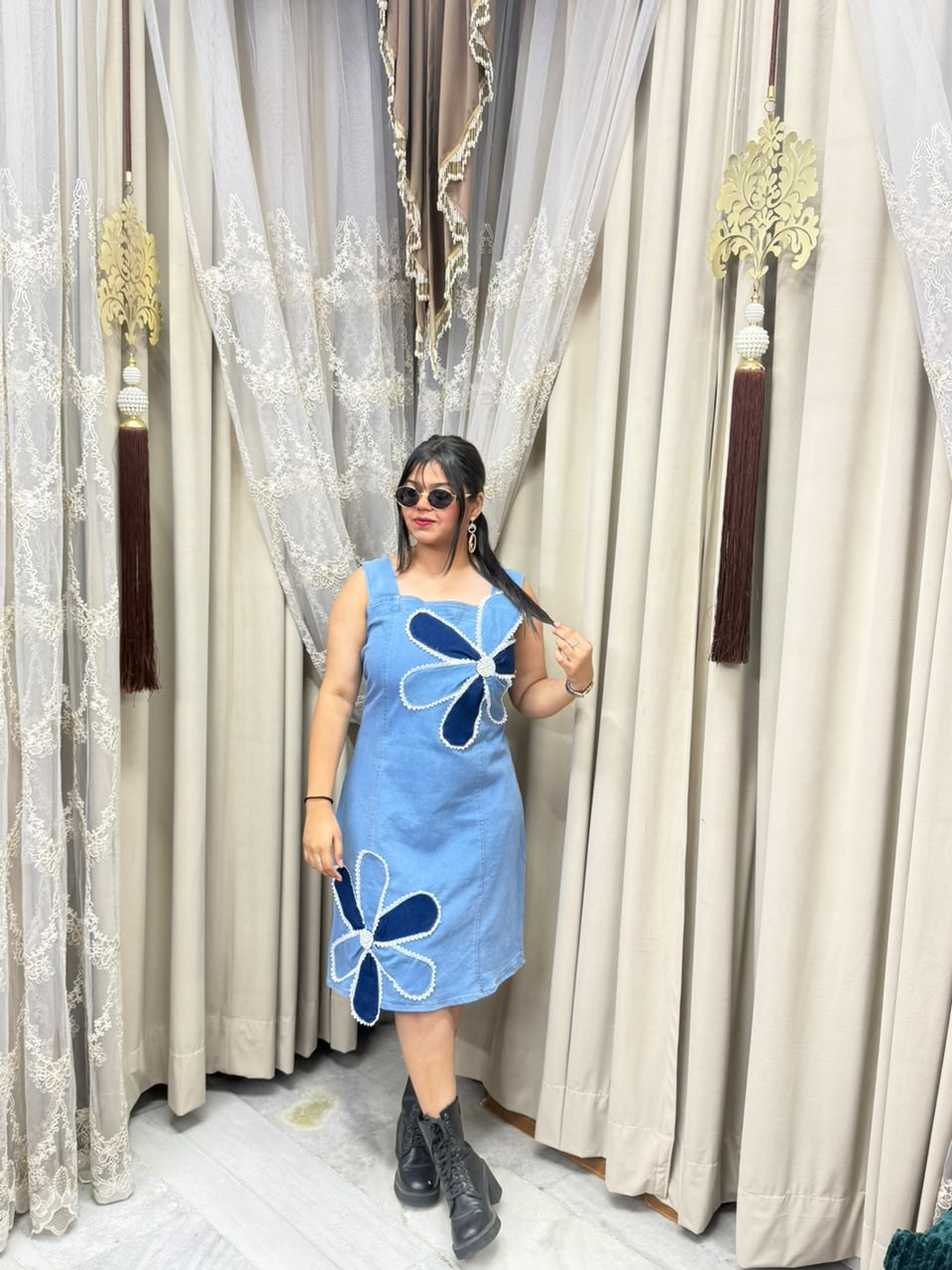 Premium Cotton Denim Dress with Statement Pearl & Flower Patchwork