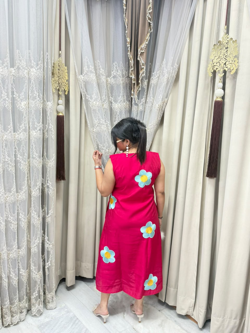 Premium Cotton Silk Flower Embroidery Dress with Attached Sleeves