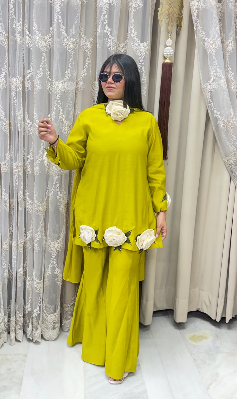 Luxury Cotton Silk Designer Roses Co-ord Set with Statement 3D Rose Patches