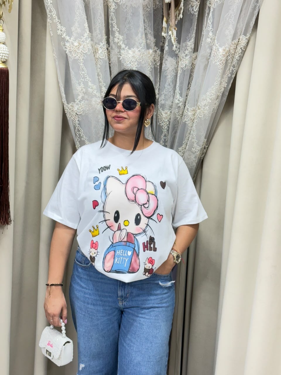 Premium Women's White Oversized T-Shirt | Cute Hello Kitty Cartoon Graphic Print Tee - Pure Cotton Hosiery