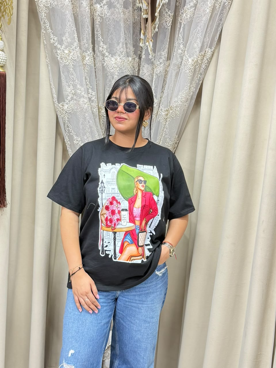 Premium Women's Black Oversized T-Shirt | Chic Fashion Illustration Graphic Print Tee - Pure Cotton Hosiery