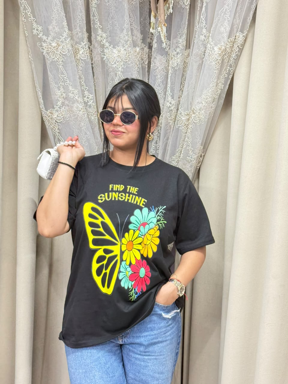 Premium Women's Black Oversized T-Shirt | Colorful Butterfly "Find The Sunshine" Graphic Tee - Pure Cotton Hosiery