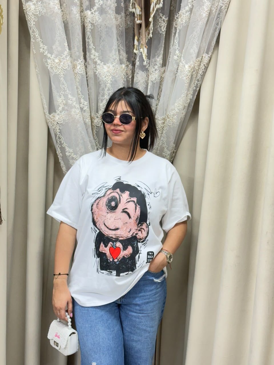 Premium Women's White Oversized T-Shirt | Quirky Winking Cartoon "Rockstar" Graphic Tee - Pure Cotton Hosiery