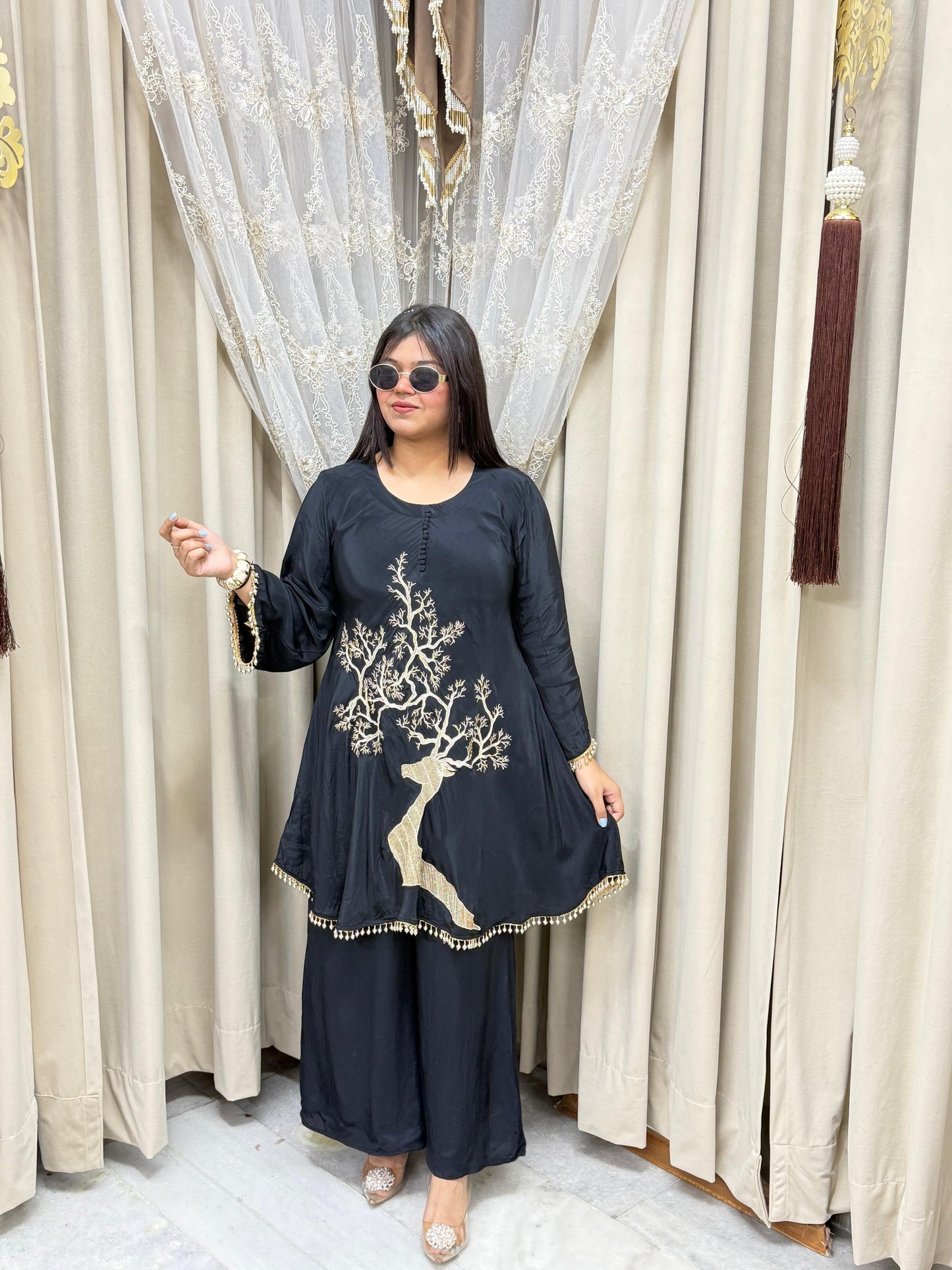 Premium Pure Crepe Embroidered Co-Ord Set for Women | Designer 2-Piece Party Wear Outfit