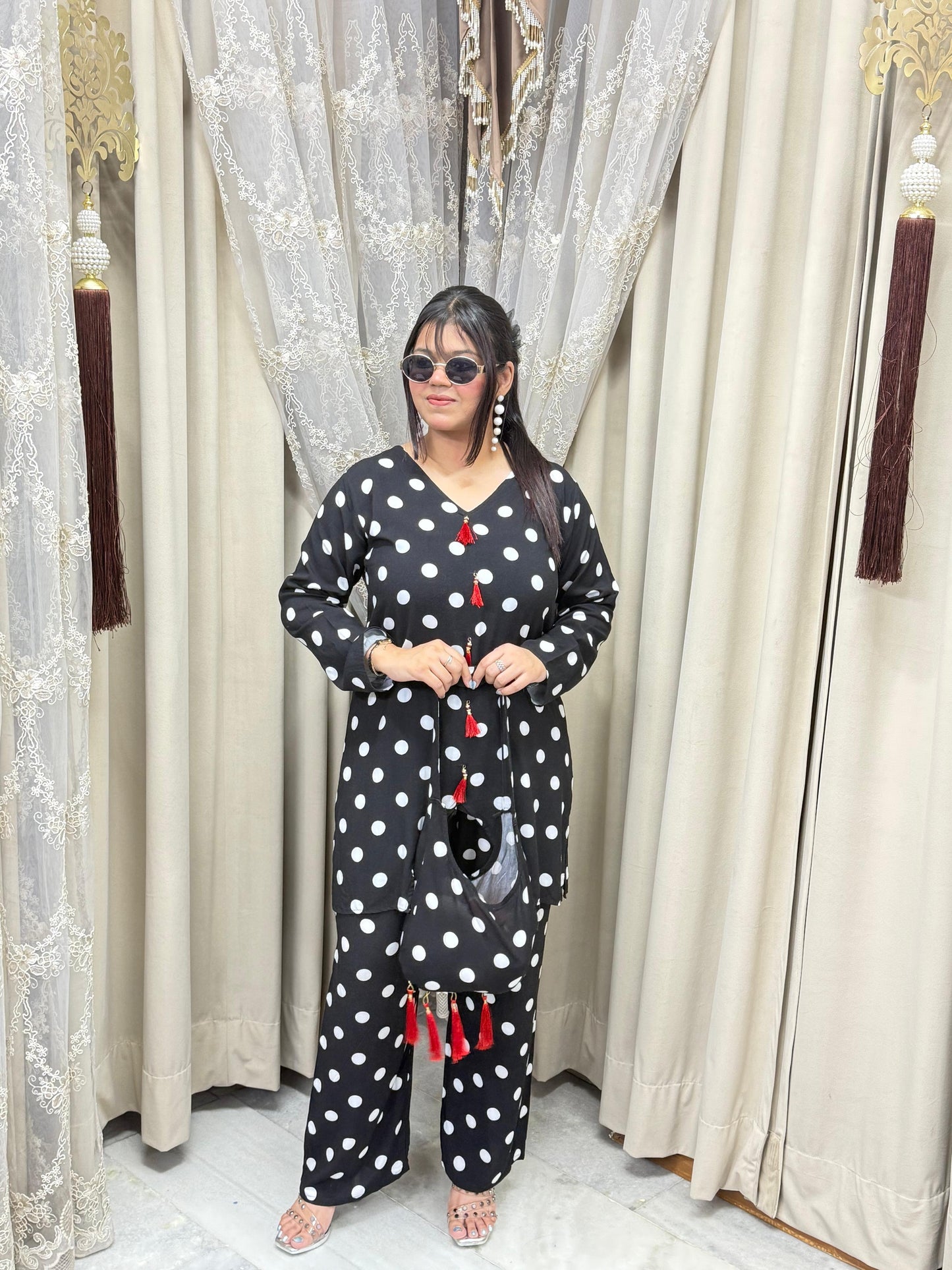 Premium Mulmul Cotton Polka Dot Co-Ord Set with Matching Bag | Women's 3-Piece Casual & Lounge Wear