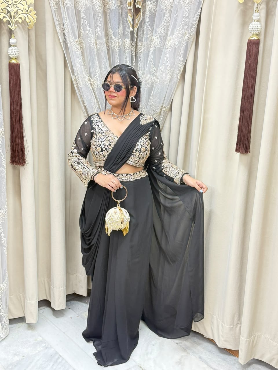 Designer black handwork ready to wear saree