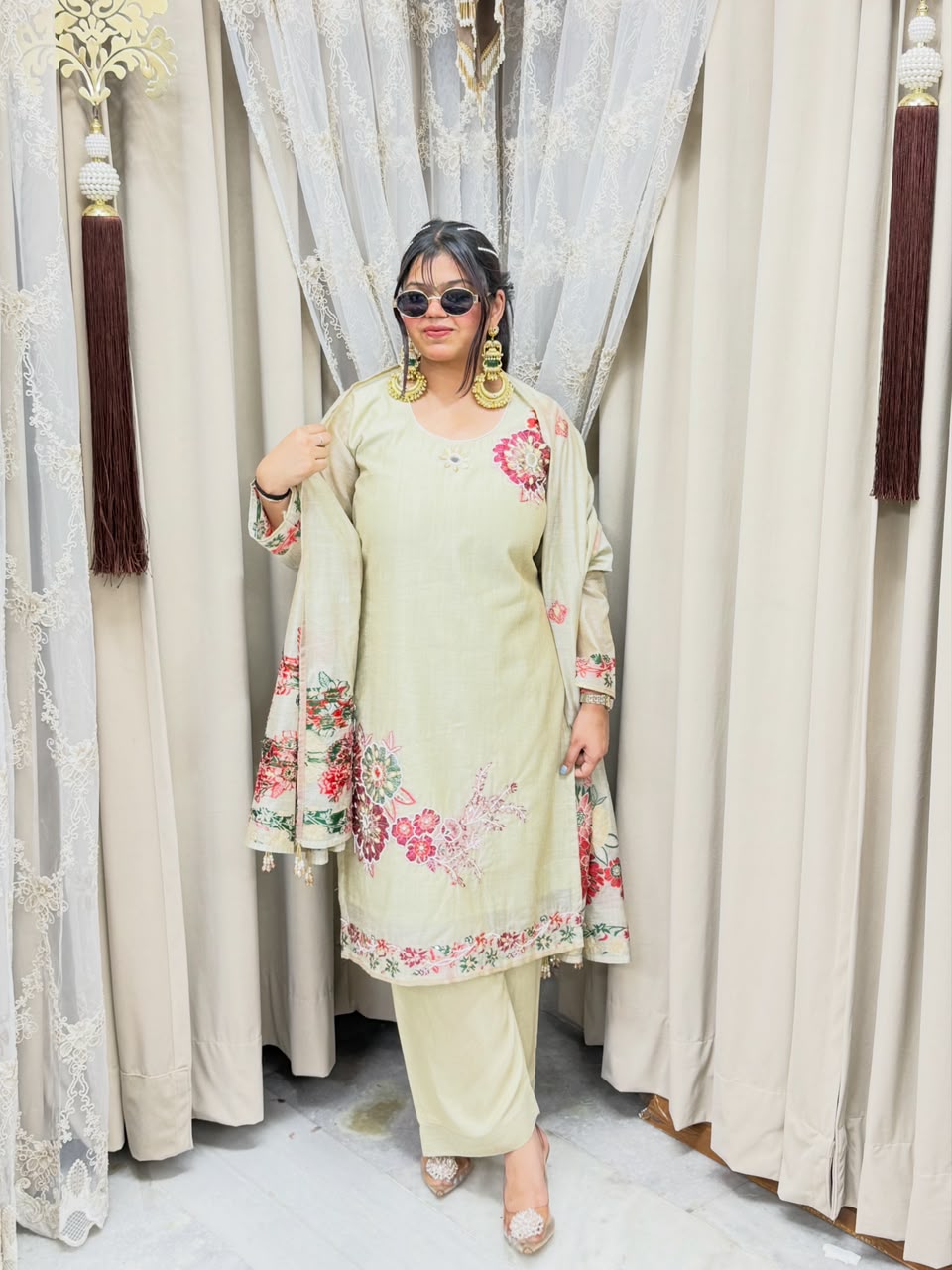 Pure Mul Chanderi Floral Handwork Suit