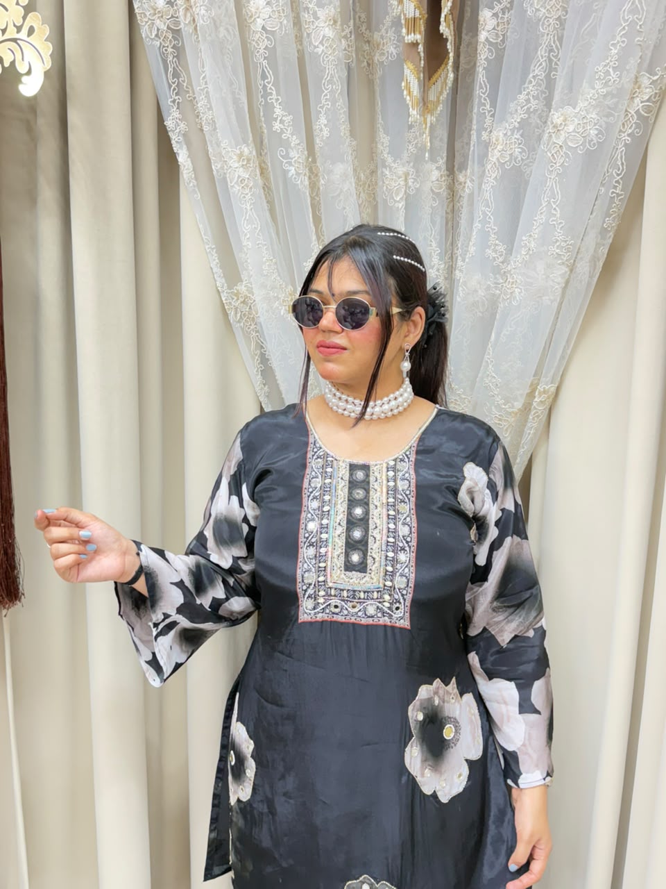 Designer Pure Crepe Floral Co-ord Set with Handwork