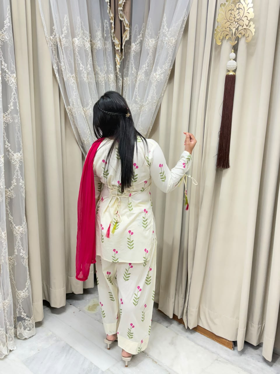 Viral Cherry Floral Print Cotton Farshi Suit Set with Dupatta