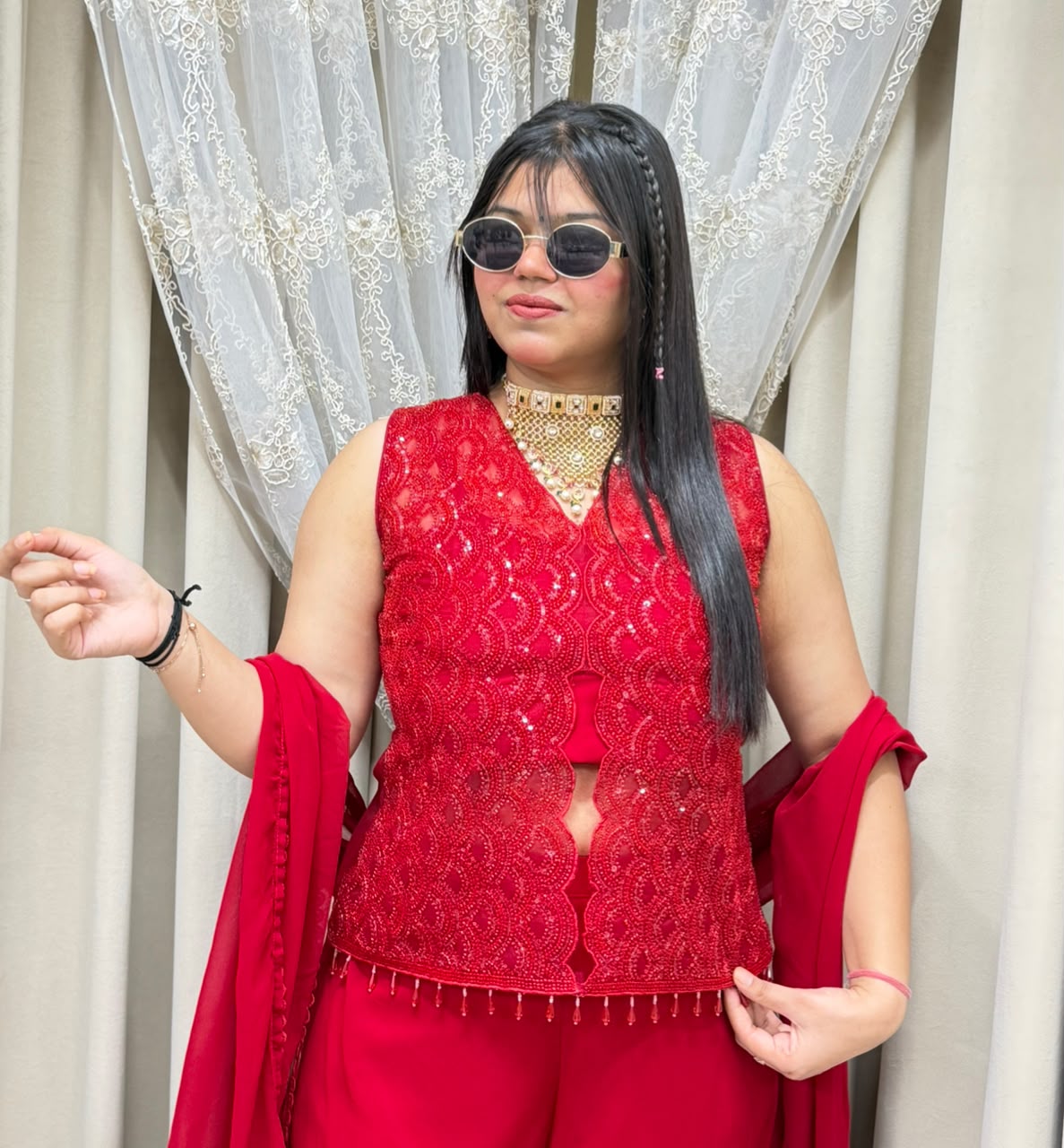 Designer Georgette Handwork Red Dress with Jacket & Flared Bottoms