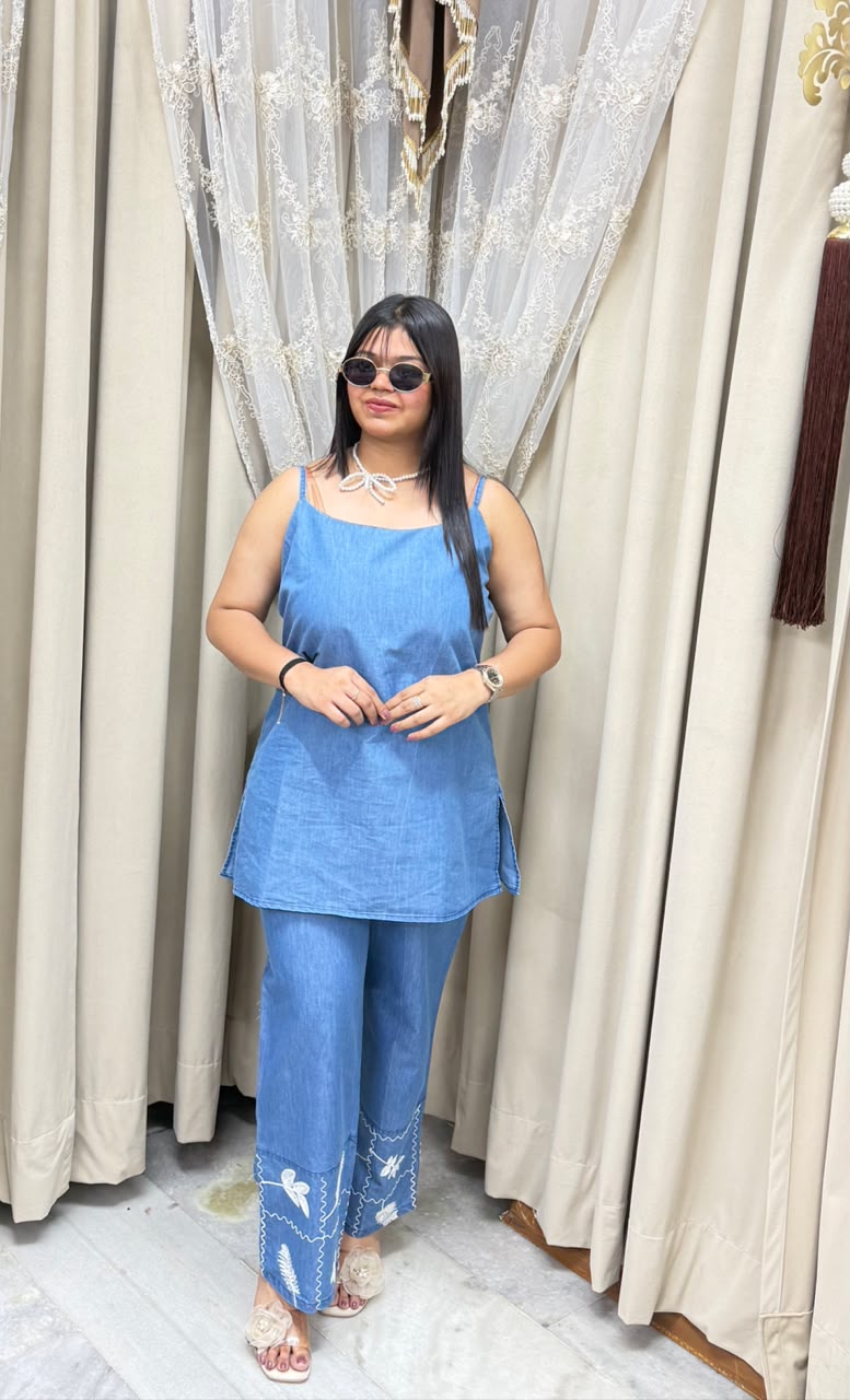 Designer 3-Piece Denim Look Co-ord Set with Embroidered Jacket