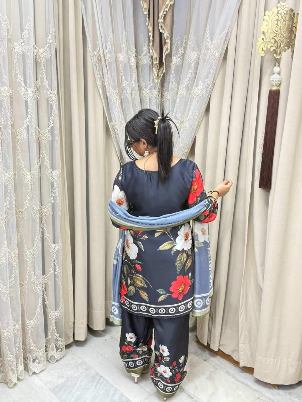 Designer Black Floral Printed Pure Poly Crepe Farshi Suit Set
