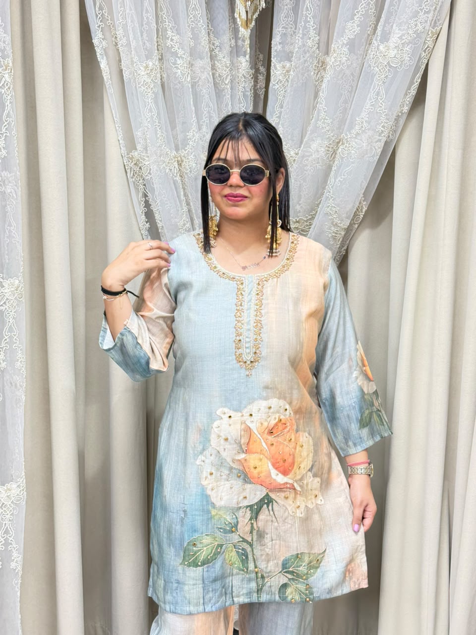 The Rose Floral Print Cotton Silk Cord Set with Handwork