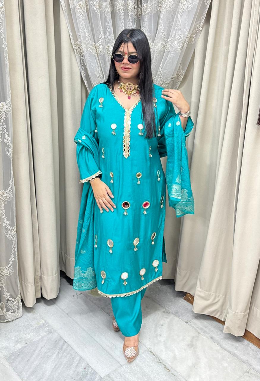 Designer Mirror Latkan Straight Three-Piece Suit Set