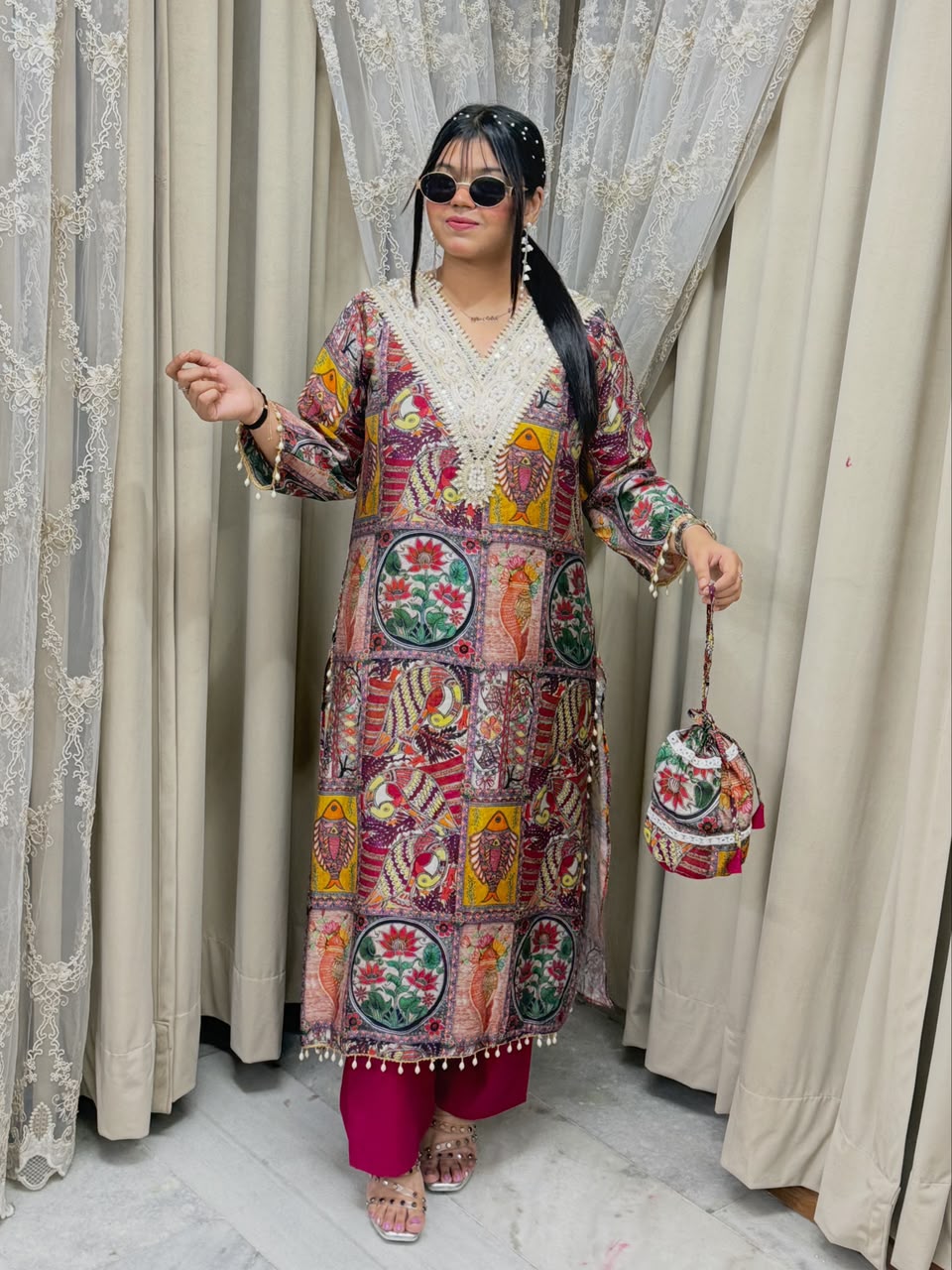 Designer Cotton Silk Printed Kurta Set with Matching Potli Bag