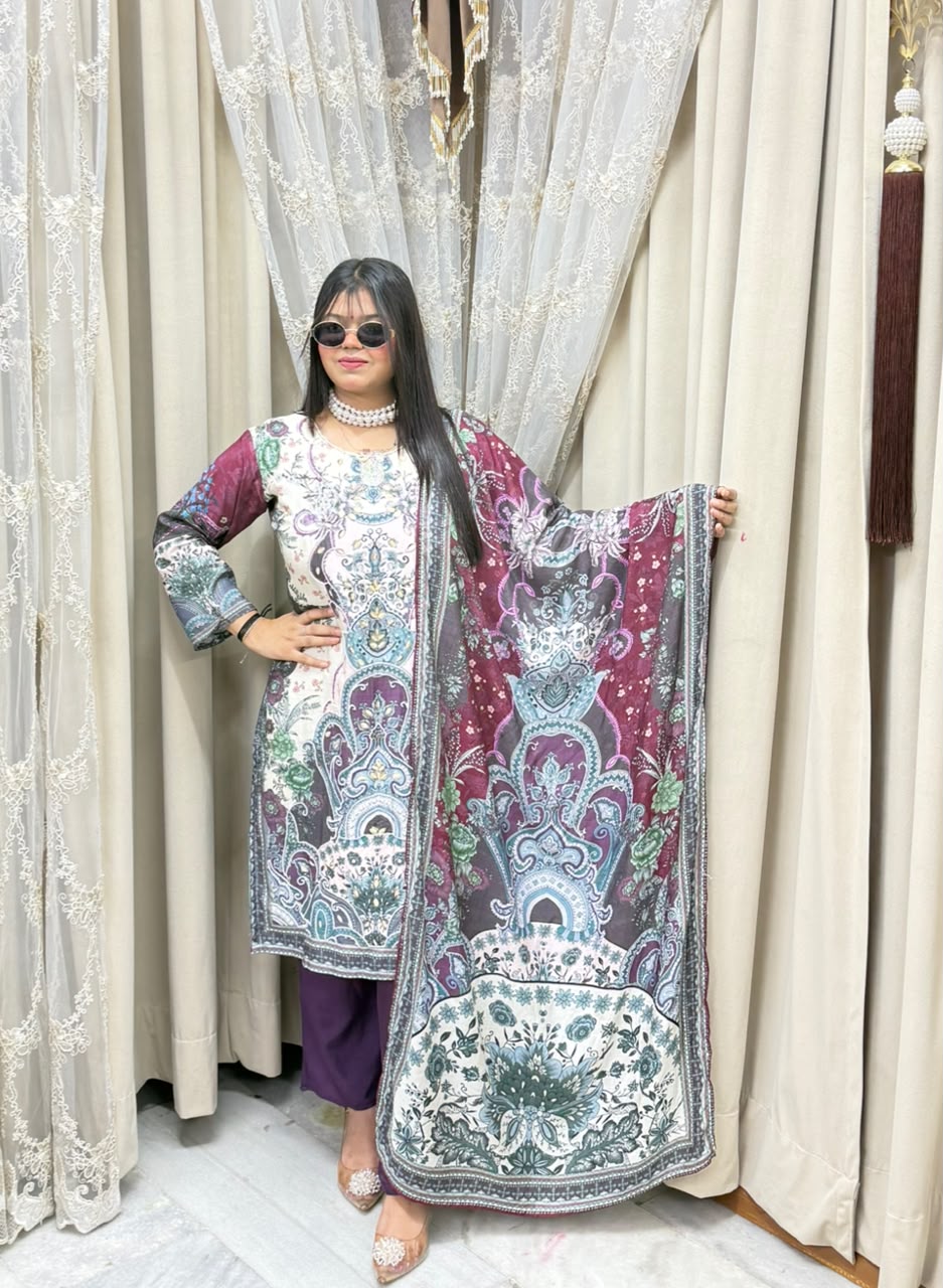 esigner Three-Piece Pakistani Suit with Pearl Work and Pure Muslin Fabric