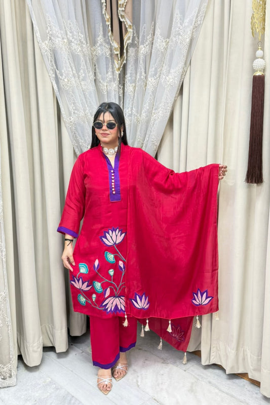 Lotus Floral Embroidered Mul Chanderi Kurta Set with Pants & Tasseled Dupatta
