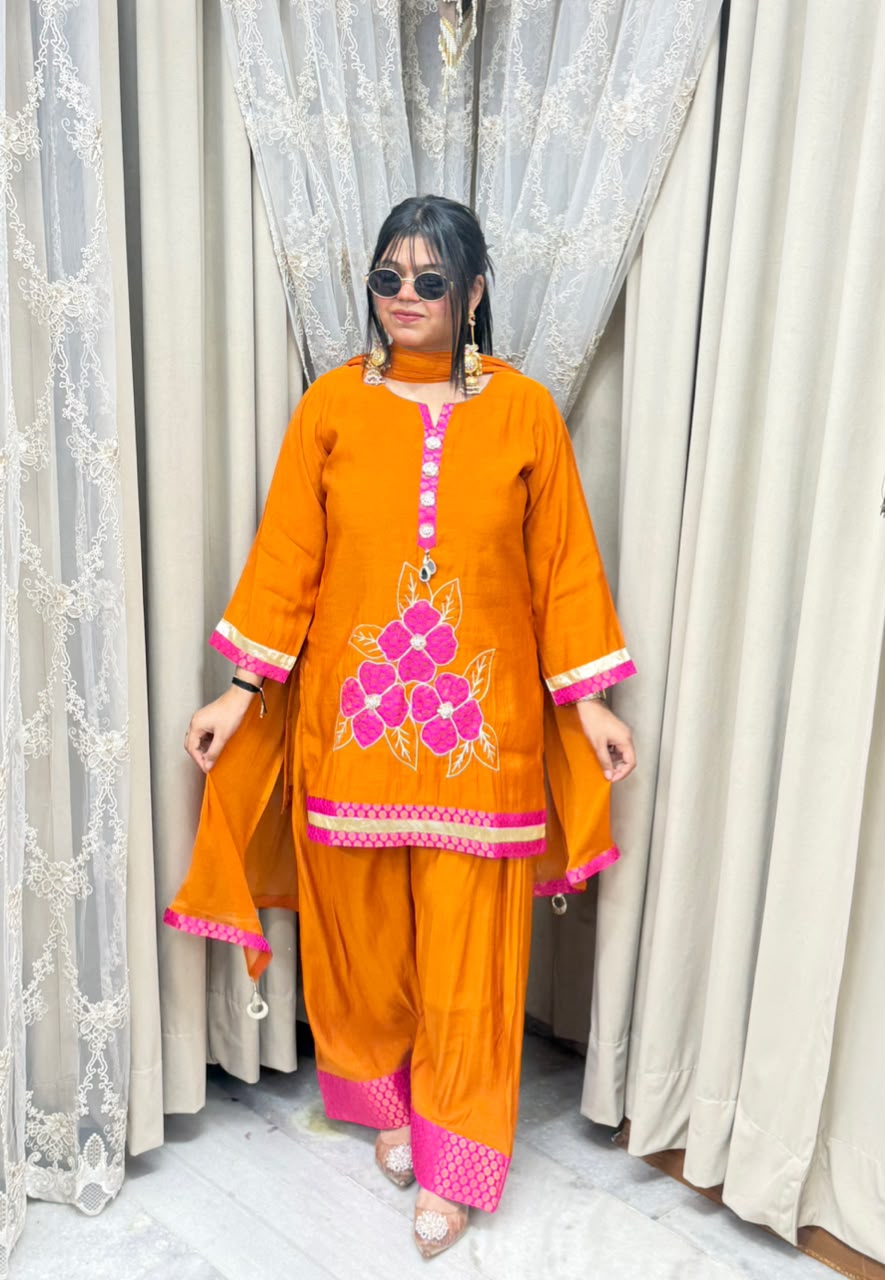 Designer ROSE Farshi Suit Set with Applique Embroidery