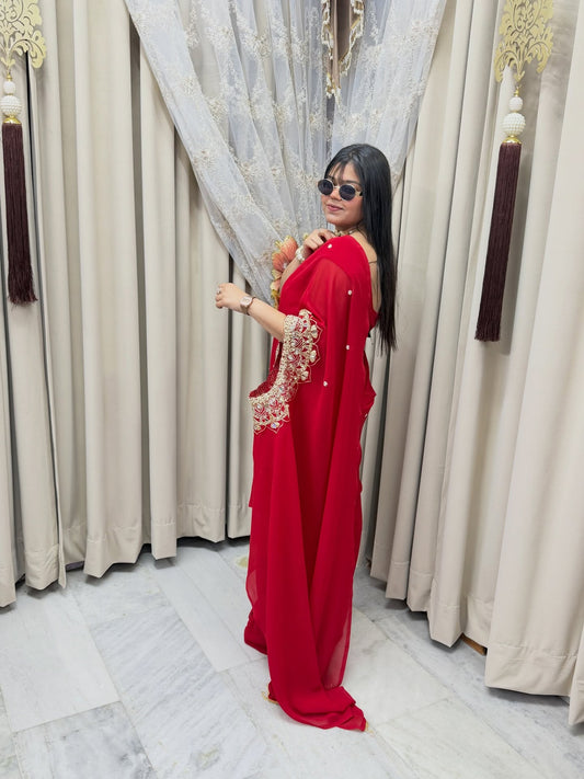 2-in-1 Designer Georgette Saree | Wine, Red & Blue Color Options | Ready to Wear | Free Size (M–2XL)