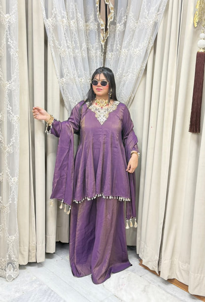 Designer Flair 3 Piece Suit for Women | Premium Glass Shimmer Silk Party Wear Suit