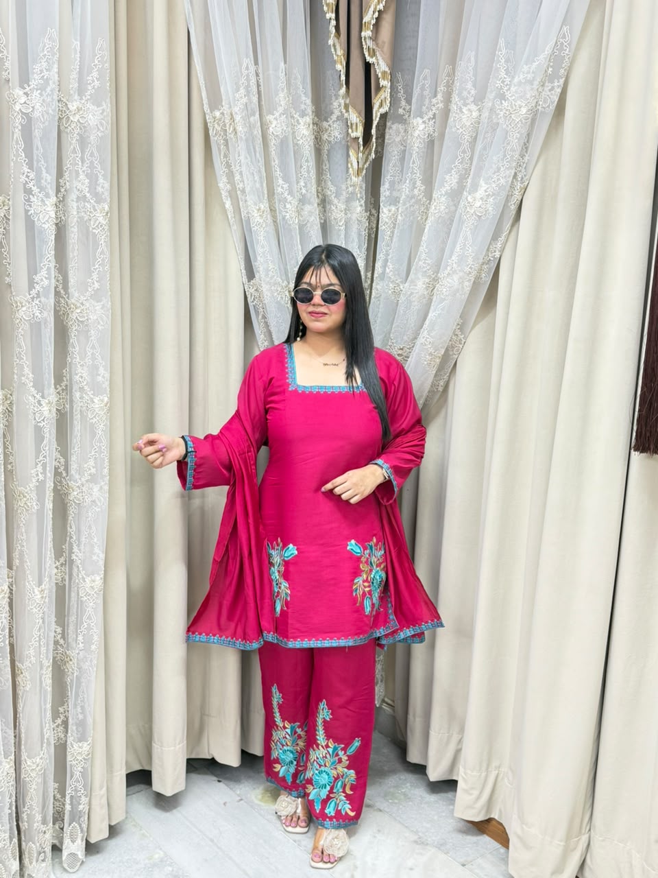 Meher Premium Mulchanderi Fabric Embroidered Kurti with Pants & Dupatta Set