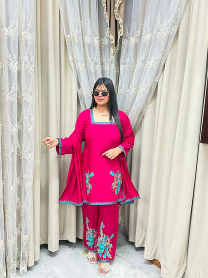 Meher Premium Mulchanderi Fabric Embroidered Kurti with Pants & Dupatta Set
