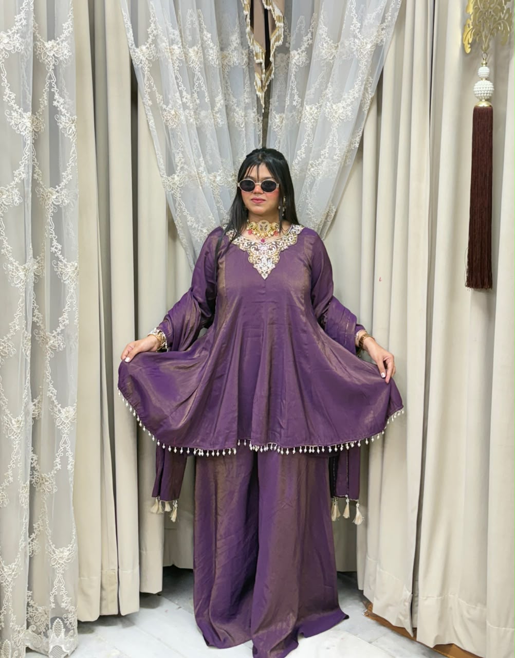 Designer Flair 3 Piece Suit for Women | Premium Glass Shimmer Silk Party Wear Suit