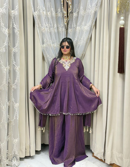 Designer Flair 3 Piece Suit for Women | Premium Glass Shimmer Silk Party Wear Suit