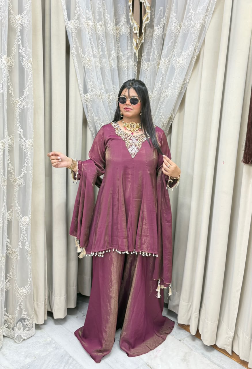 Designer Flair 3 Piece Suit for Women | Premium Glass Shimmer Silk Party Wear Suit