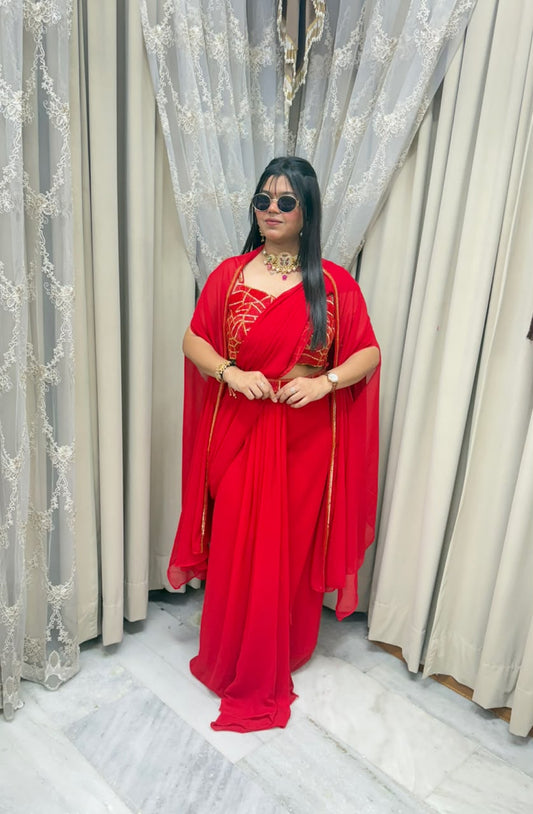 Red Georgette Ready-to-Wear Saree for Women | Designer Saree