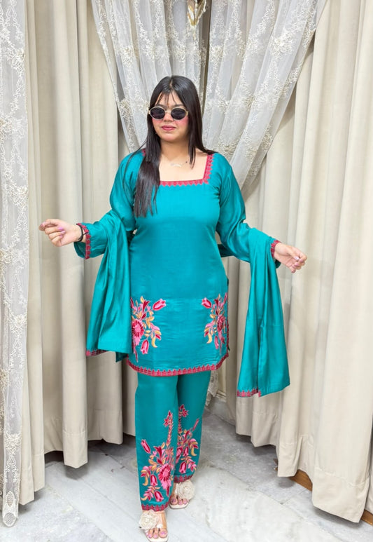Meher Premium Mulchanderi Fabric Embroidered Kurti with Pants & Dupatta Set