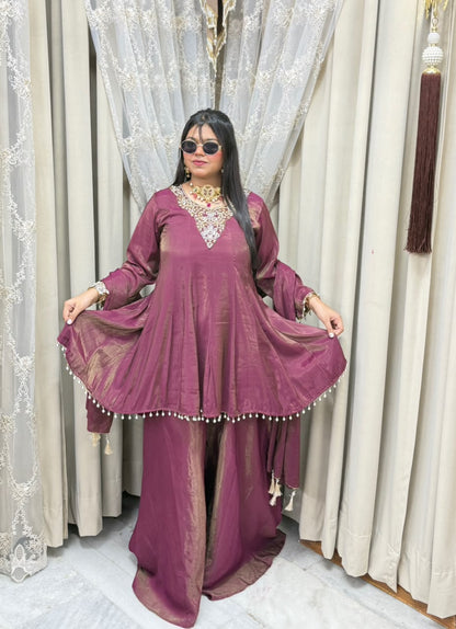 Designer Flair 3 Piece Suit for Women | Premium Glass Shimmer Silk Party Wear Suit
