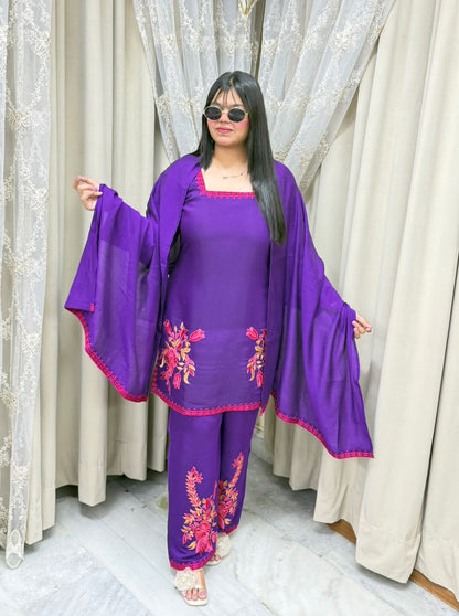 Meher Premium Mulchanderi Fabric Embroidered Kurti with Pants & Dupatta Set