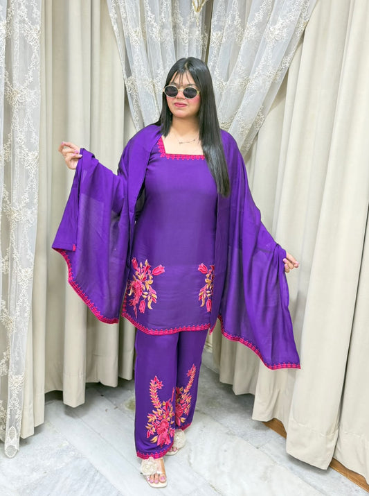 Meher Premium Mulchanderi Fabric Embroidered Kurti with Pants & Dupatta Set