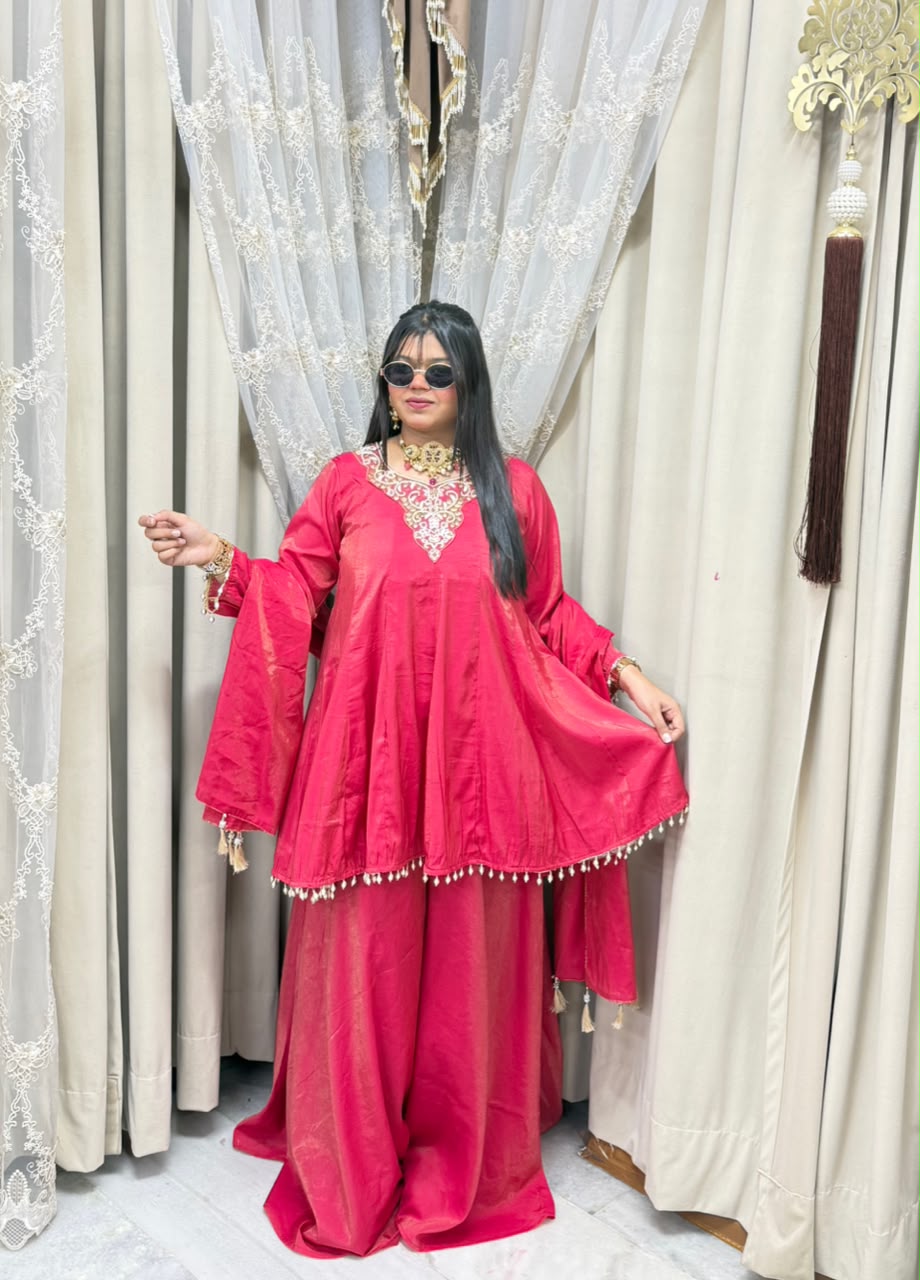 Designer Flair 3 Piece Suit for Women | Premium Glass Shimmer Silk Party Wear Suit