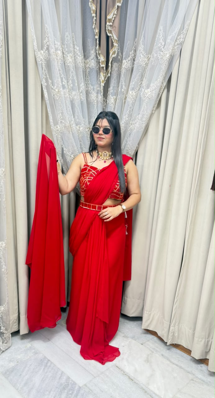 Red Georgette Ready-to-Wear Saree for Women | Designer Saree