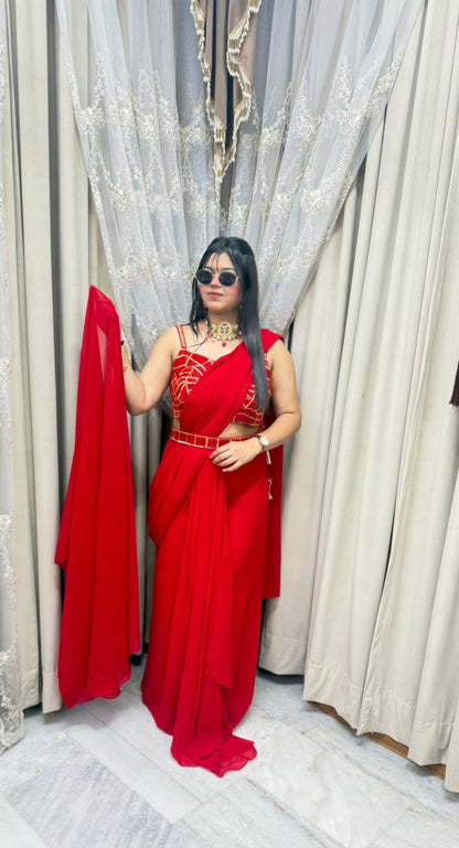 Red Georgette Ready-to-Wear Saree for Women | Designer Saree