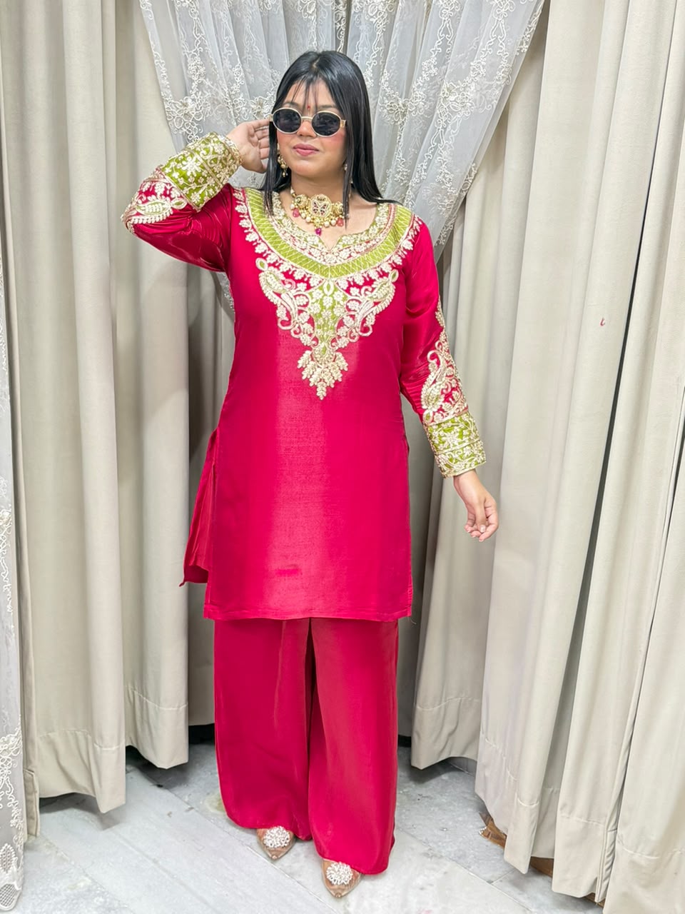 Beautiful Designer 3 Piece Suit for Women | Glass Shimmer Silk Party Wear Suit